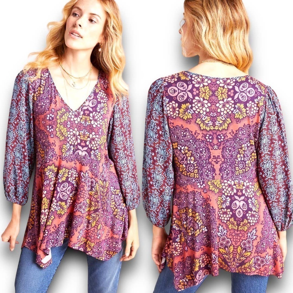 Anthropologie Maeve Tunic Blouse Extra Small Purple Floral